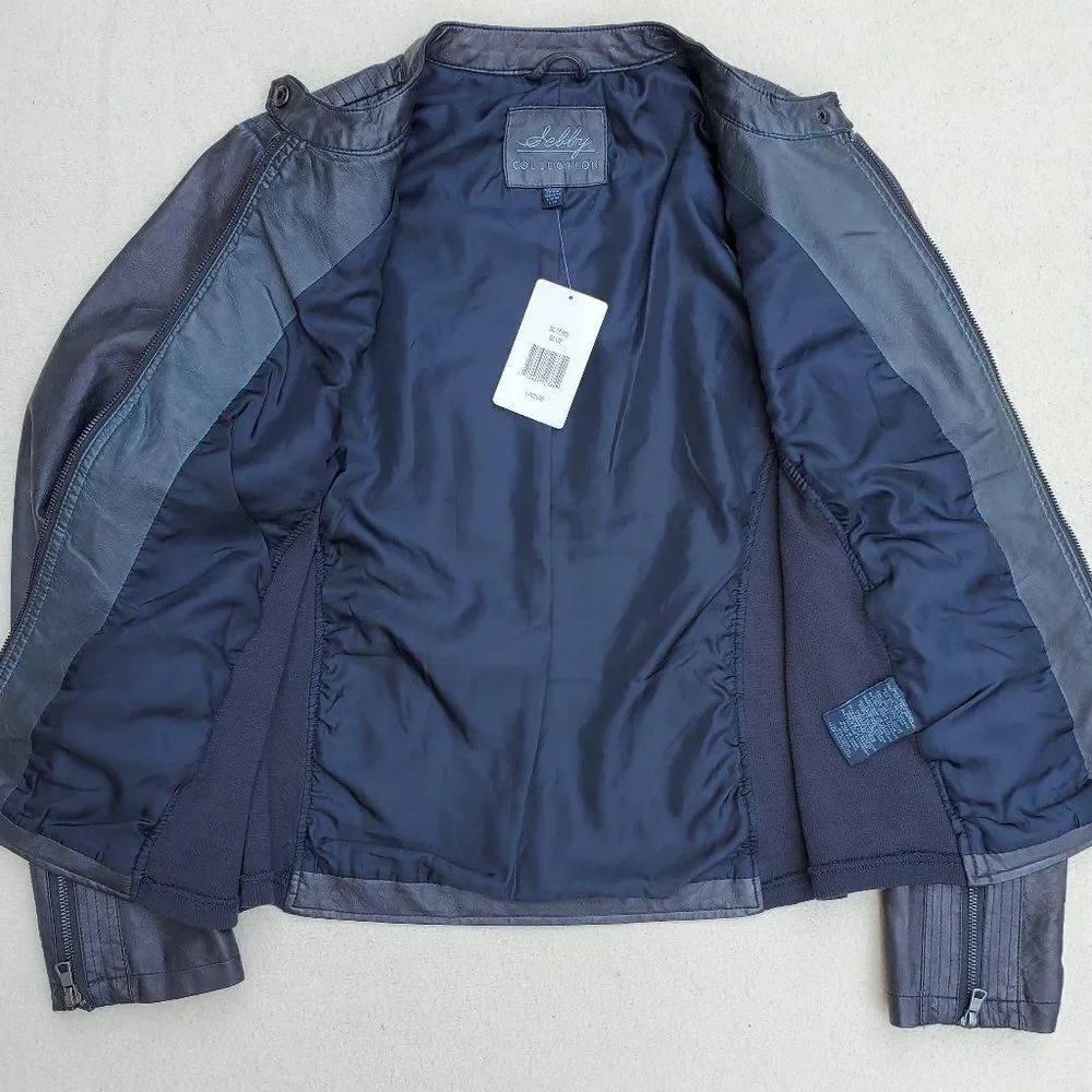 Sebby Collection blue faux leather moto jacket - Picture 10 of 16